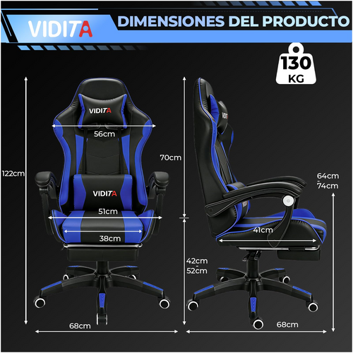 VIDITA Ergonomic Gaming Chair, High-Quality PU Leather, 90-135° Reclining, Supports up to 130 kg, Retractable Footrest, Neck and Back Support, Ideal for Streaming, Home, and Work