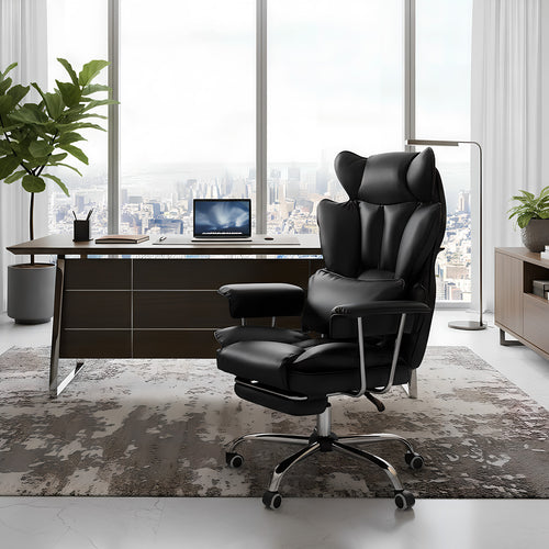 Executive Office Chair with Footrest, Premium Black Leather | 135° Recline, 360° Swivel, supports up to 150 kg, and is made of durable, easy-to-clean synthetic leather