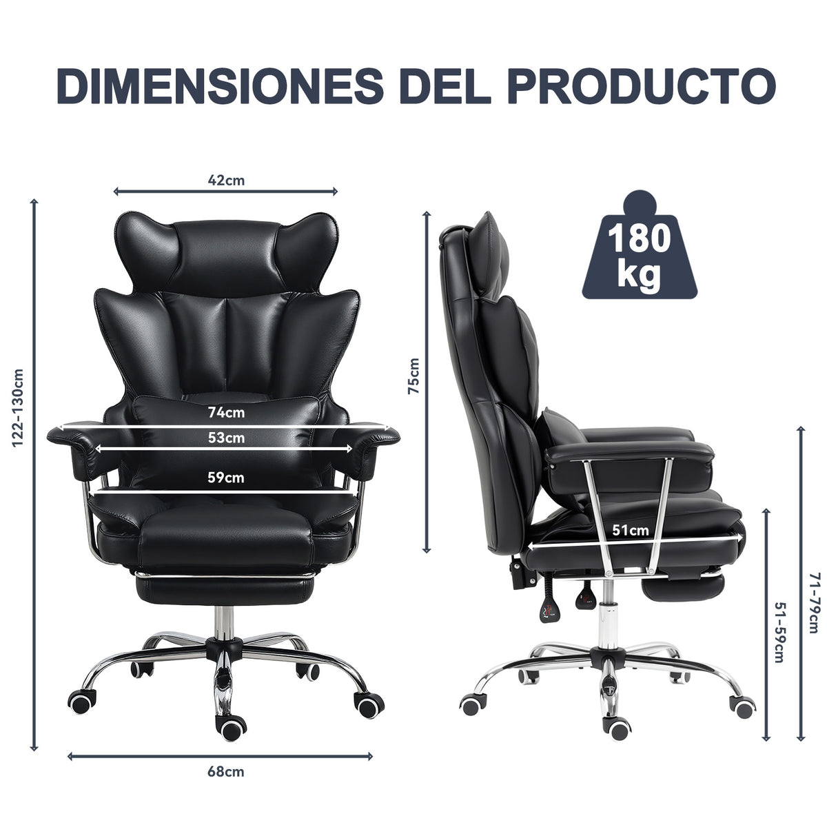 Silla ejecutiva para Oficina con reposapiés Cuero Premium Negro | Inclinación 135°,Gira 360°, soporta hasta 150 kg y está fabricado en cuero sintético resistente y fácil de limpiar