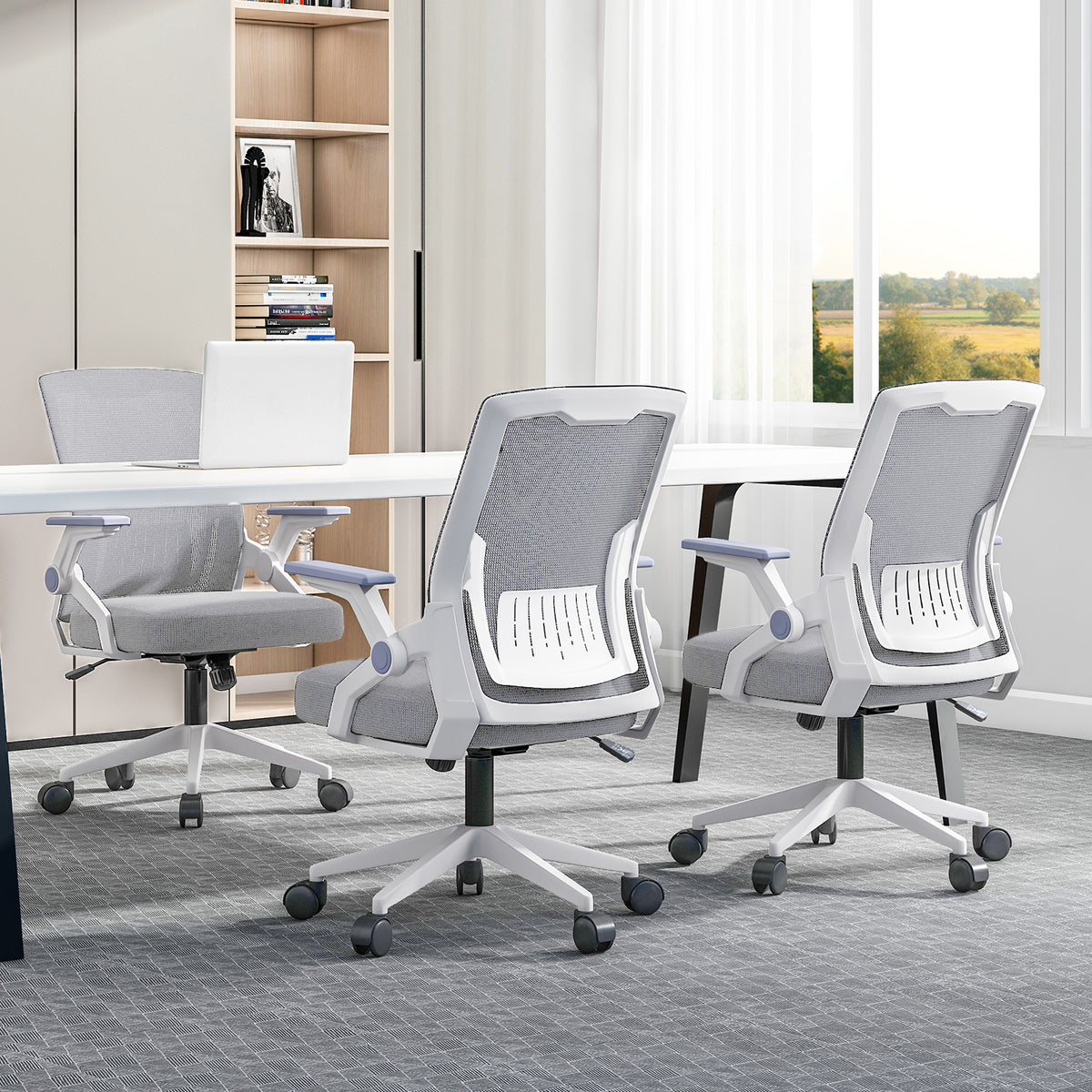 Silla de Oficina Ergonómica de Malla Transpirable, Silla de Escritorio Ajustable con Reposabrazos para Home Office, Color Gris